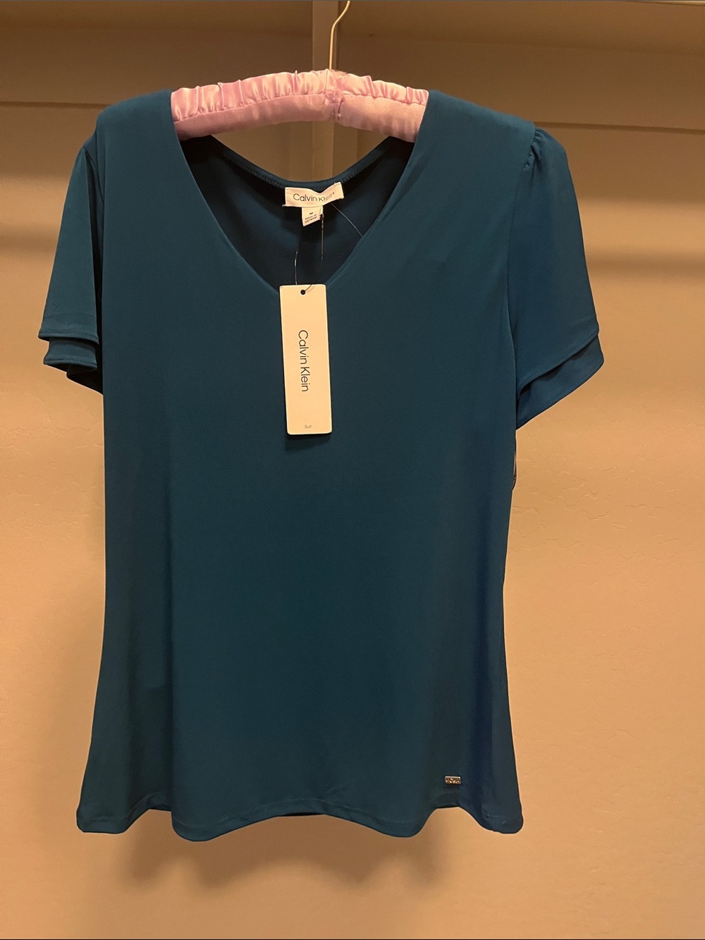 Calvin Klein Deep Teal V-Neck Short Sleeve Top
